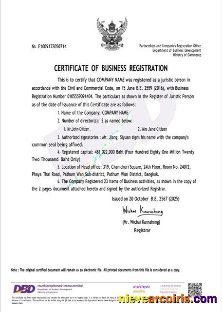 Thailand certificate of business registration